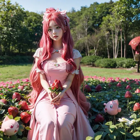 
araffe girl with pink hair sitting in a field of strawberries, belle delphine, red wig, anime girl cosplay, anime barbie doll, anime girl in real life, fairycore, beautiful anime style, curly pink hair, long flowing pink hair, pink and red color style, ka...