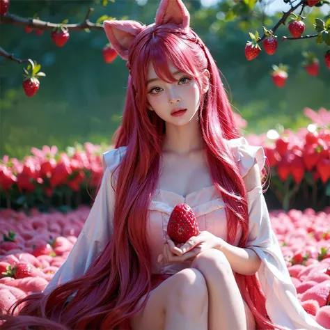 
araffe girl with pink hair sitting in a field of strawberries, belle delphine, red wig, anime girl cosplay, anime barbie doll, anime girl in real life, fairycore, beautiful anime style, curly pink hair, long flowing pink hair, pink and red color style, ka...