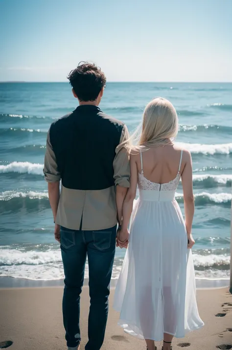 Create a couple with their backs looking at the sea