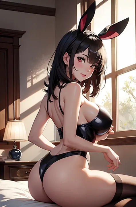 masterpiece, best quality, best lighting, shadows, portrait, perfect anatomy, bitchy, 1 girl, adult anime girl, 21 years old, bunny girl, bunny uniform, allure, erotic, mature features, pretty face, pretty lips, pretty eyes, black short hair, red eyes, sed...