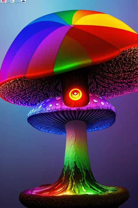 Create a 2D image with psychedelic design, The design is a mushroom with an eye from which rainbow colored lights come out. 