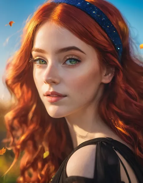 a young woman with red hair, wearing a black dress and a green headband, vibrant autumn colors, blue sky, golden hour, natural lighting, hyper-maximalism, raw photography, ultra-detailed photorealistic textures, artistic bokeh, volumetric lighting, Sony/Ze...