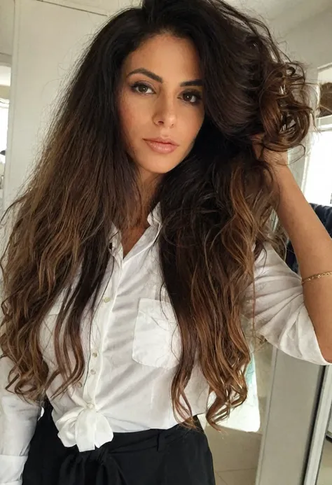 a one woman, long big hair, Brazilian, 30years, extremely powerful and elegant. ((Social clothes)) , (selfie shot)