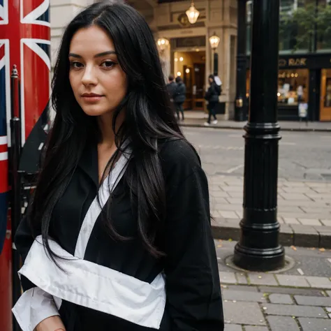 British lady with long black hair in London 