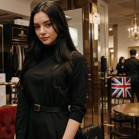 British lady with long black hair in London 