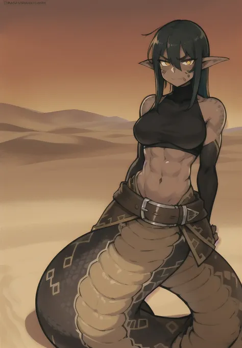 1girl, lamia,brown scales,black hair, desert tribal clothing, strong athletic body, daggers on her belt, warrior , Desert oasis,sadistic expression,Vibrant colors