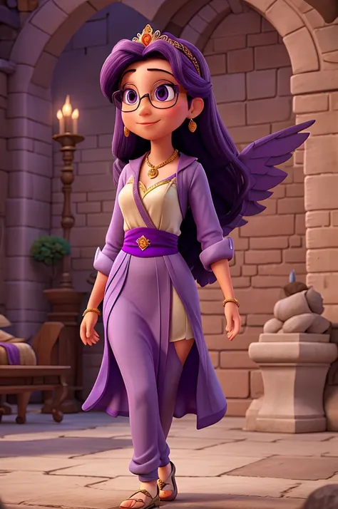 Princess Jasmine with glasses dressed in purple with gray wings of Prince Flin 