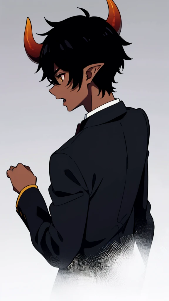 (1boy,18 years old,solo),((dark skin)),short hair,hair between eyes,black hair,elf ears,(horns),orange eyes,(no background, simple background),red necktie,black jacket, blazer,long sleeves,pant,((from back)),serious,(upper body),open mouth