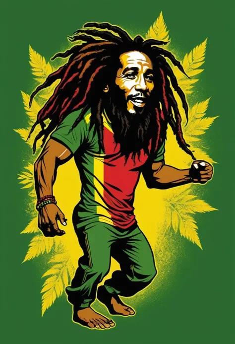 A Jamaican lion, dancing reggae, Unripe, yellow and red, bob marley t-shirt