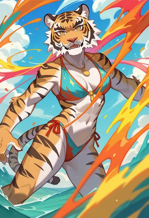 (​masterpiece, top-quality, Official art:1.2)Look at viewericro bikini, tiger and girl, Tiger painting}A flash of light runs, Colorful water levitation(2D:1.5),