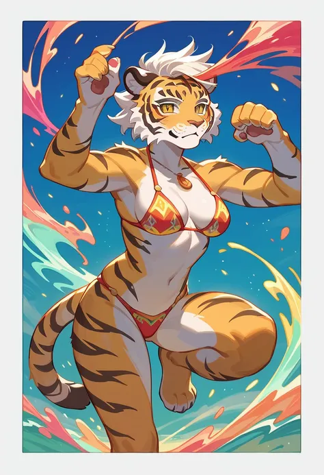 (​masterpiece, top-quality, Official art:1.2)Look at viewericro bikini, tiger and girl, Tiger painting}A flash of light runs, Colorful water levitation(2D:1.5),