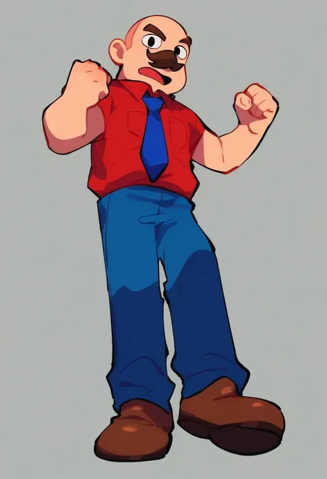 marvin, solo, open mouth, simple background, brown hair, shirt, 1boy, standing, full body, short sleeves, male focus, necktie, shoes, pants, black eyes, facial hair, brown footwear, red shirt, clenched hands, blue work tie, mustache, blue trousers, middle ...