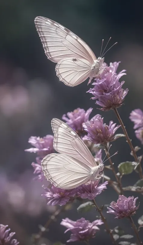 "An ethereal white butterfly, resting gracefully on a petal of a lavender flower, surrounded by soft mist and illuminated by the golden light of dawn." Landing on a beautiful Crystal Rose，transparent rose. Bizarre, Galaxies, cleanliness, brilliant, brillia...