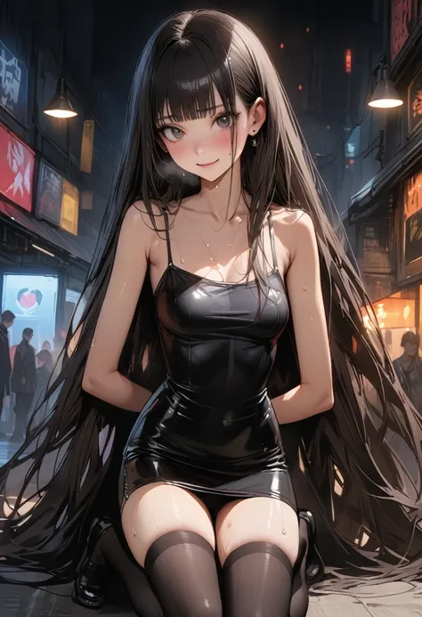 ((masterpiece,Highest quality:1.3,best quality illustration)),realistic,cowboy shot,独奏,1woman,(18 year old beauty),black hair,long hair,bangs,black eyes,gorgeous big eyes,((very small head:1.3)),shy,smile,((very long body:1.2,skinny)),medium breasts,(Punk ...