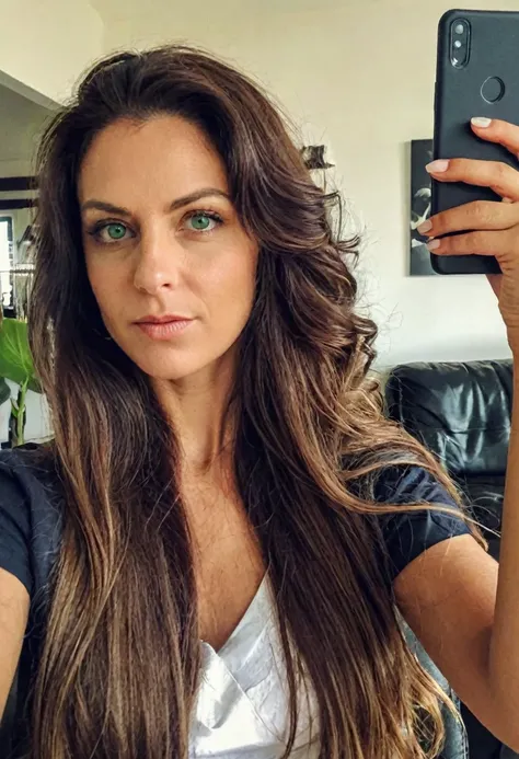 a one woman, long big hair, Brazilian, 30years, extremely powerful and elegant. ((Social clothes)) , (selfie shot), (chief director), ((greeneyes))