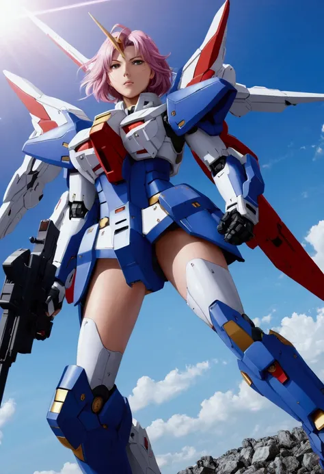 Anime girl in full gundam armor, big tits, bare legs, huge gun