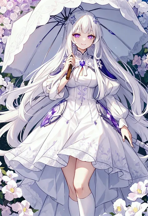 a gentle western princess with long, straight white hair and bangs. sparkling purple eyes and a gentle smile, wearing a white princess dress and standing under a colorful flower garden, holding an umbrella in her hand