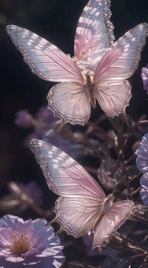 Crystal rose， fanciful, galaxias, cleanness, glittery, glittery, Splendor, Colorful, Amazing photography, dramatic  lighting, photo-realism, ultra - detailed, 4K, depth of fields, A high resolution and a beautiful "An ethereal white butterfly, resting grac...