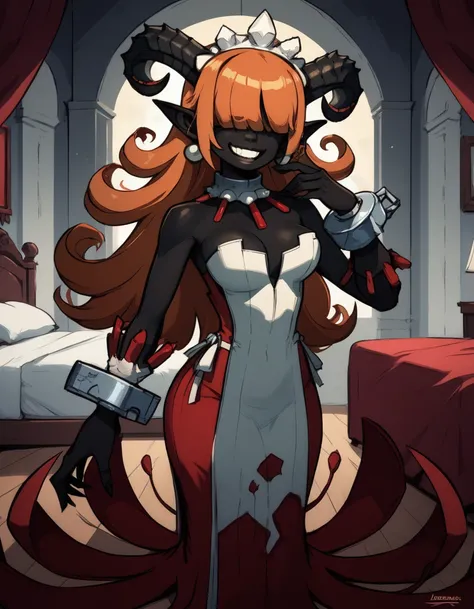 score_9,score_8_up,score_7_up,
Clergyxl,pointy ears,hair over eyes, curly ginger hair big breast,smile,teeth,long hair, black skin,hips,
bare shoulders,red strapless dress,pearl earrings,wrist cuffs,wristband, Metal collar,
bedroom, summoned, looking at vi...