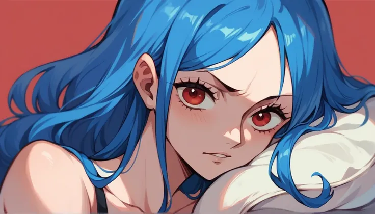 female character from one piece with very long blue hair and slanted red eyes