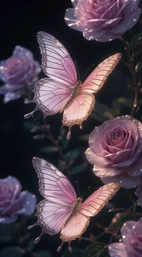 Crystal rose， fanciful, galaxias, cleanness, glittery, glittery, Splendor, Colorful, Amazing photography, dramatic  lighting, photo-realism, ultra - detailed, 4K, depth of fields, A high resolution and a beautiful "An ethereal ""white butterfly"", resting ...