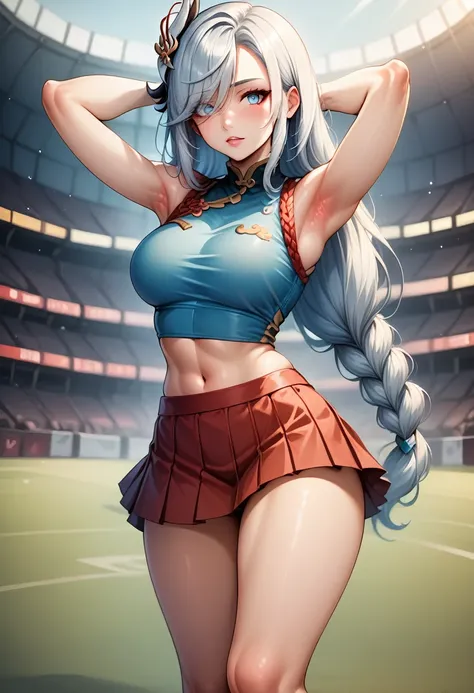 (score_9, score_8_up, score_7_up, score_6_up:1.5), (ai-generated:1.5), (Maximize Detail Slider:1.5), (Insanely Detailed:1.5), (source_anime:1.5) BREAK 1girl, solo, long hair, breasts, looking at viewer, blush, swept bangs, white eyes, medium breasts, cheer...