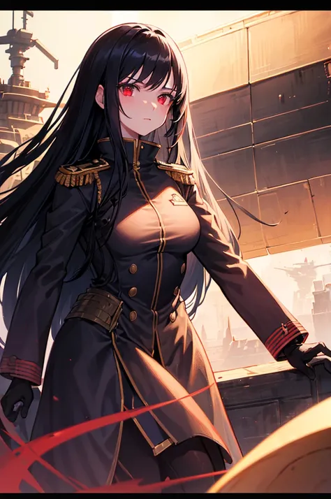 a highly detailed portrait of a beautiful woman with long black hair, red eyes, and a cold, distant expression, wearing a black, red and gold military uniform resembling a German officers uniform, standing in front of a futuristic space battleship in the b...