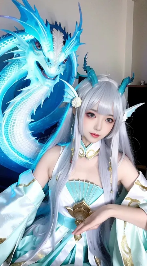 Anime-style image，A woman in a blue dress and a dragon headdress，drak，white-haired god，full-body xianxia，Portrait of a dragon girl，exteriors