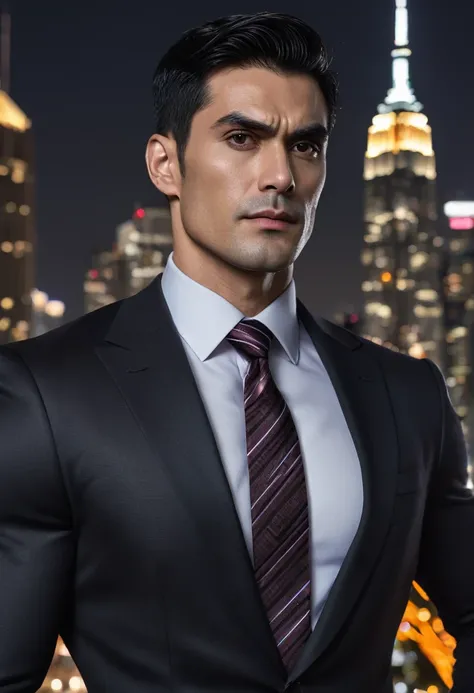 (absurdres, highres, ultra detailed, realistic, ), 1 male, solo, adult, mature, tall muscular guy, broad shoulders, handsome, very short hair, black hair, brown eyes, angular jaw, thick neck, thick eyebrows, night, dark, the night view of the city backgrou...