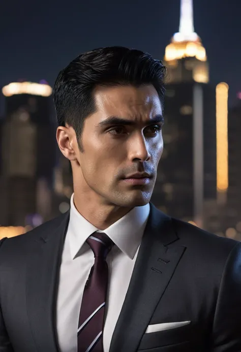 (absurdres, highres, ultra detailed, realistic, ), 1 male, solo, adult, mature, tall muscular guy, broad shoulders, handsome, very short hair, black hair, brown eyes, angular jaw, thick neck, thick eyebrows, night, dark, the night view of the city backgrou...