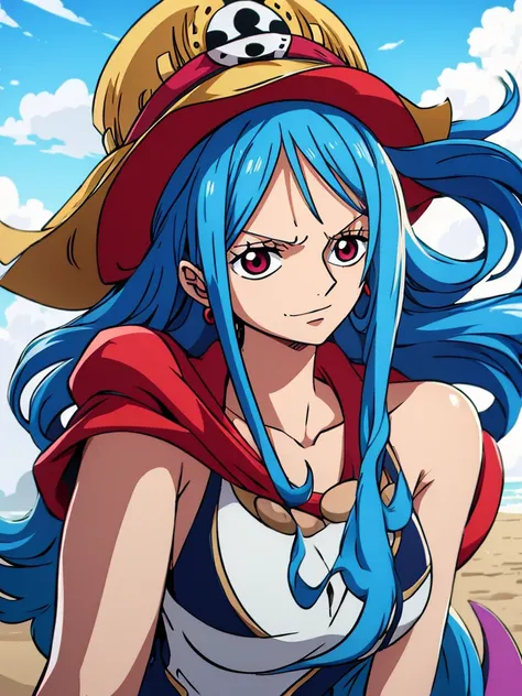 female character from one piece with very long blue hair and very red eyes 