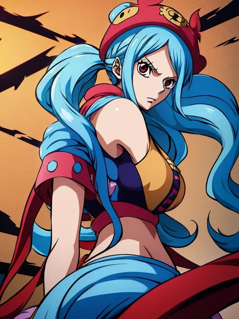 female character from one piece with very long blue hair and very red eyes 