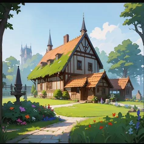 Cartoon house with garden medieval 
