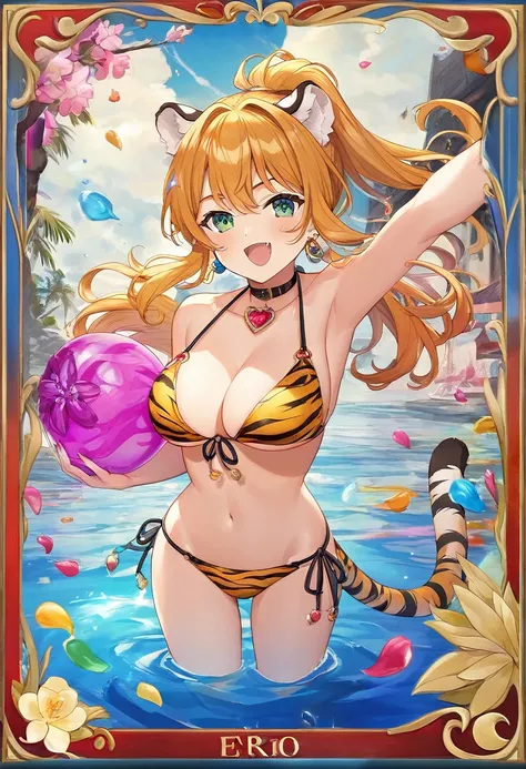 (​masterpiece, top-quality, Official art:1.2)Look at viewericro bikini, tiger and girl, Tiger painting}A flash of light runs, Colorful water levitation(2D:1.5),