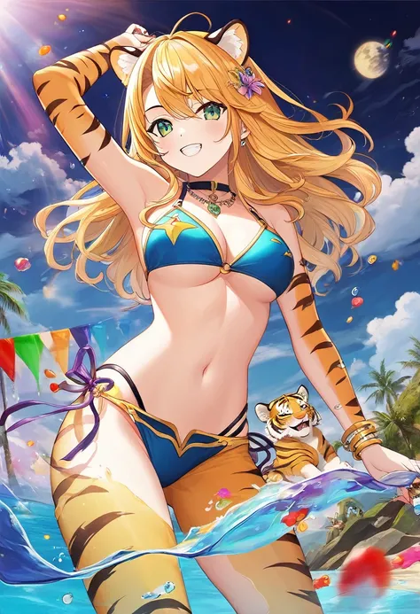 (​masterpiece, top-quality, Official art:1.2)Look at viewericro bikini, tiger and girl, Tiger painting}A flash of light runs, Colorful water levitation(2D:1.5),