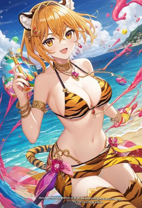 (​masterpiece, top-quality, Official art:1.2)Look at viewericro bikini, tiger and girl, Tiger painting}A flash of light runs, Colorful water levitation(2D:1.5),