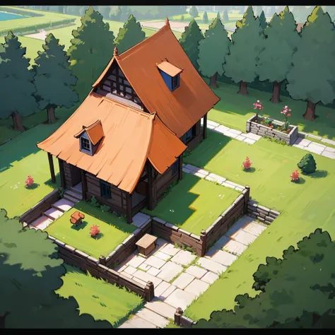 Cartoon house with garden medieval 
