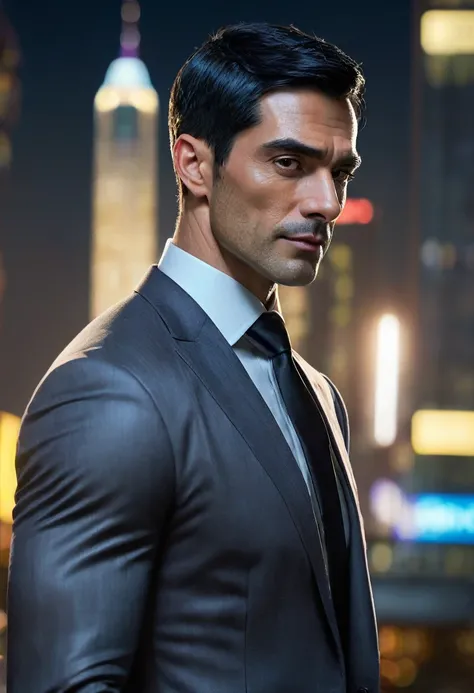 (absurdres, highres, ultra detailed, realistic, ), 1 male, solo, adult, mature, tall muscular guy, broad shoulders, handsome, very short hair, black hair, brown eyes, angular jaw, thick neck, thick eyebrows, night, dark, the night view of the city backgrou...