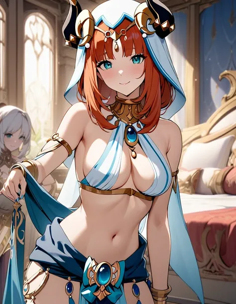 (masterpiece), best quality, expressive eyes, perfect face,Mature female,1 girl (nilou,Genshin impact),(harem outfit,exposed midriff,topless),royal bedroom background,medium breasts,smile,topless,nipple,slim figure,