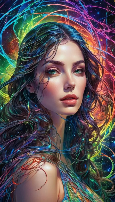 masterpiece, best quality, ultra high resolution, extremely detailed, (psychedelic art: 1.4), brunette woman, wavy hair on one side of her head, veil, visually stunning, beautiful, award-winning illustration, cosmic space background, ethereal atmosphere, u...