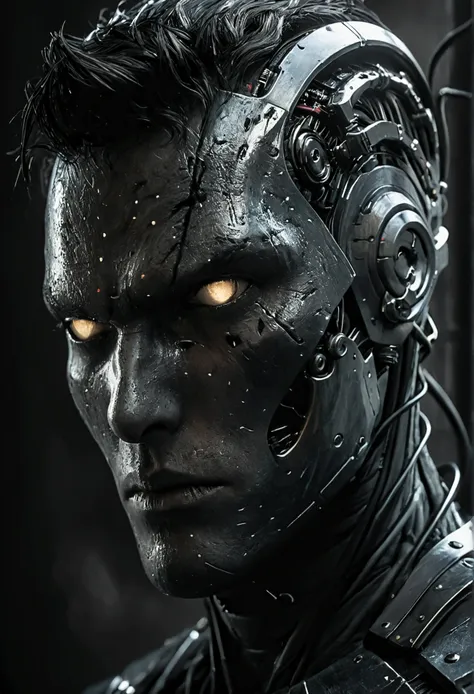 (realistic),masterpiece,Metal face mask, snake eyes, connectors on the head,a close-up image of a character with an intimidating and dark appearance, His face is partially covered by a metallic black mask, and has cracks that add an air of wear or damage, ...