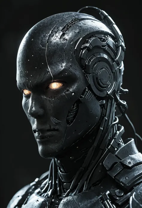 (realistic),masterpiece,metal face mask, snake eyes, connectors on the head,a close-up image of a character with an intimidating...