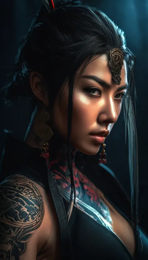 a deadly female ninja in a fantasy japanese setting, dangerous and sexy, full body shot, realistic photography, masterpiece, ultra-detailed, best quality, 8k, hyperrealistic, dramatic lighting, dark and moody atmosphere, piercing eyes, stoic expression, le...