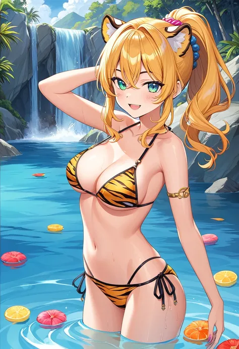 (​masterpiece, top-quality, Official art:1.2)Look at viewericro bikini, tiger and girl, Tiger painting}A flash of light runs, Colorful water levitation(2D:1.5),