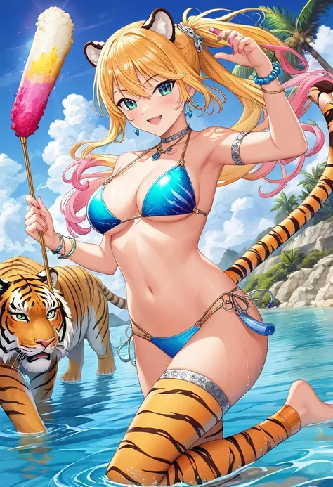 (​masterpiece, top-quality, Official art:1.2)Look at viewericro bikini, tiger and girl, Tiger painting}A flash of light runs, Colorful water levitation(2D:1.5),