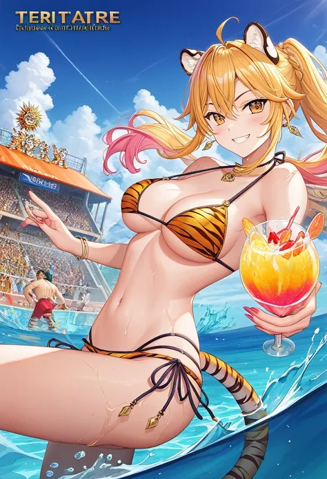 (​masterpiece, top-quality, Official art:1.2)Look at viewericro bikini, tiger and girl, Tiger painting}A flash of light runs, Colorful water levitation(2D:1.5),