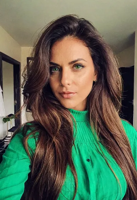 a one woman, long big hair, brazilian, 30years, extremely powerful and elegant. ((social clothes)) , (selfie shot), (chief direc...