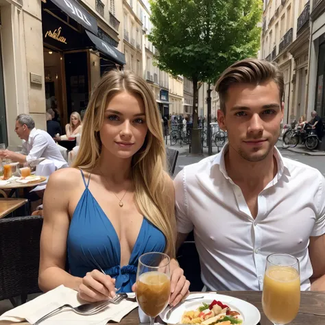 ((best quality)), ((masterpiece)), (detailed), ((couple)) 1woman, very long blonde hair, wearing summer dress, having lunch, in Paris, France, with 1man, ((tall)) , ((muscular)) , ((dark short hair)) , wearing summer suit