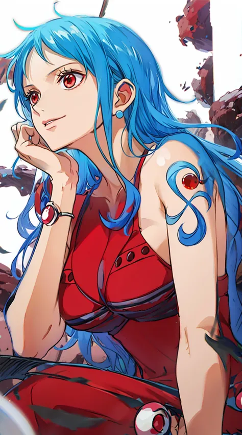 female character from one piece with very long blue hair and very red eyes 