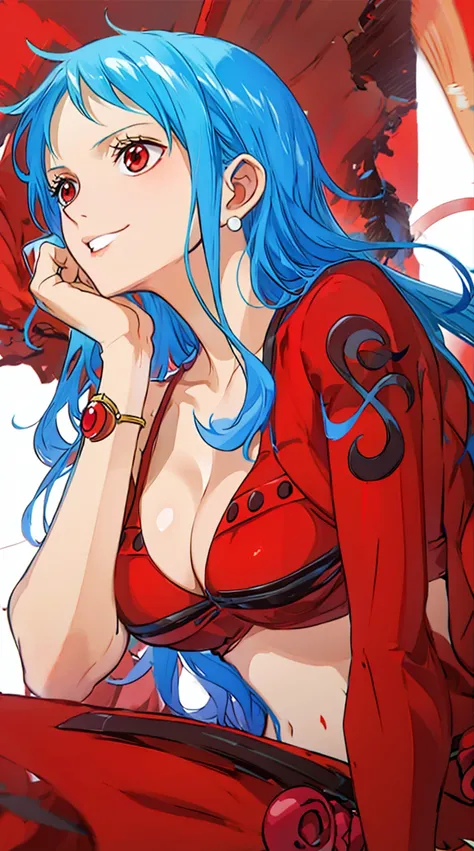 female character from one piece with very long blue hair and very red eyes 